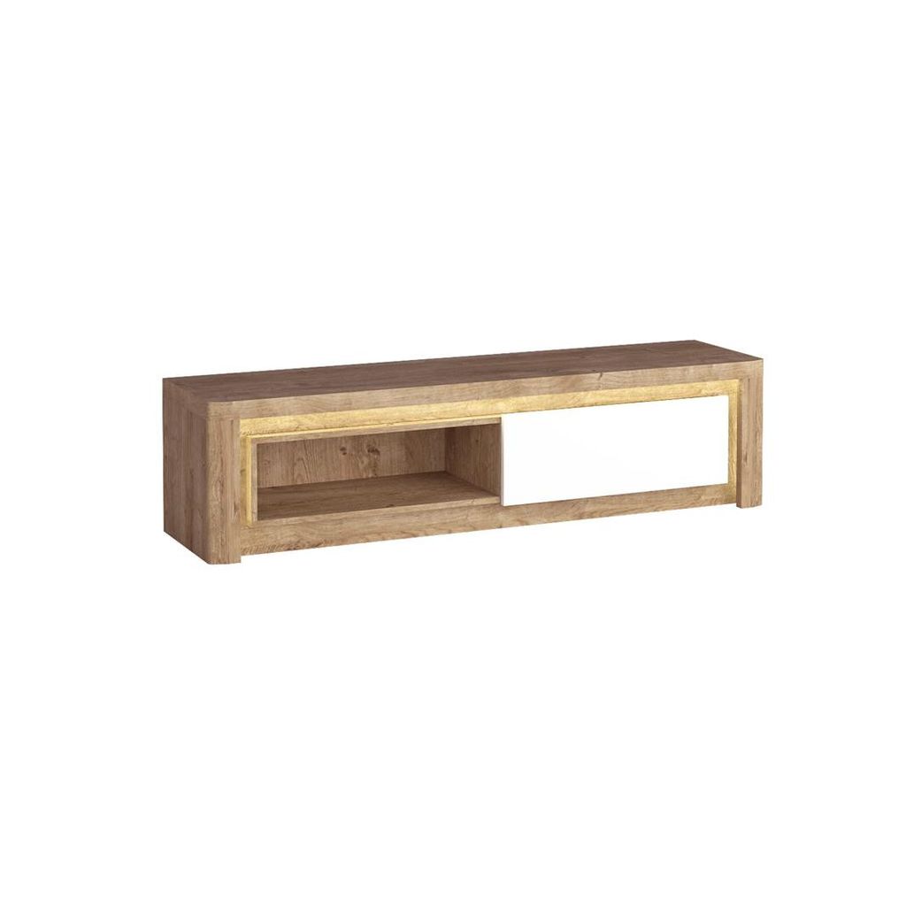 Bettso Breiter TV-Schrank TV Sideboard TV Regal für das Wohnzimmer LIVINIO 162 x 42 cm Weiß Glanz + Eiche