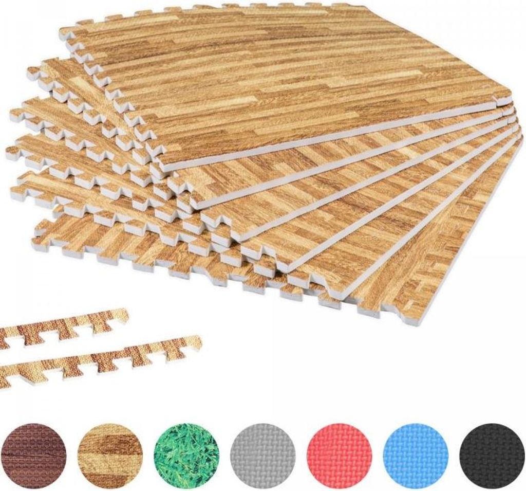 A stack of interlocking foam mats with a wood grain pattern, along with several individual mats and a row of colored circles representing different mat colors.