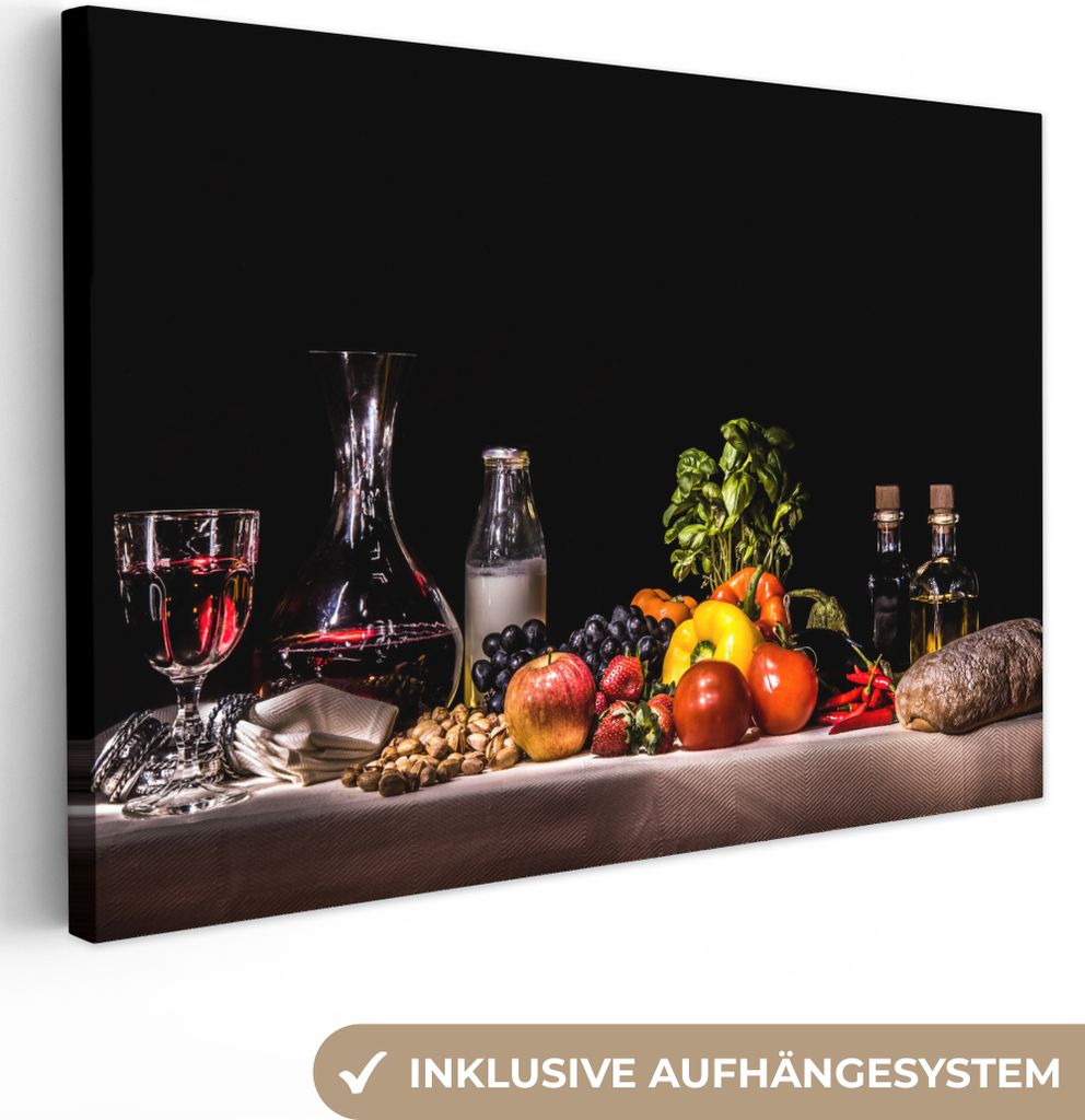 MuchoWow - Leinwandbilder - Stilleben - Essen - Trinken - Obst - Schwarz, Wandbild, Wanddeko Bilder Wohnzimmer, 90x60 cm