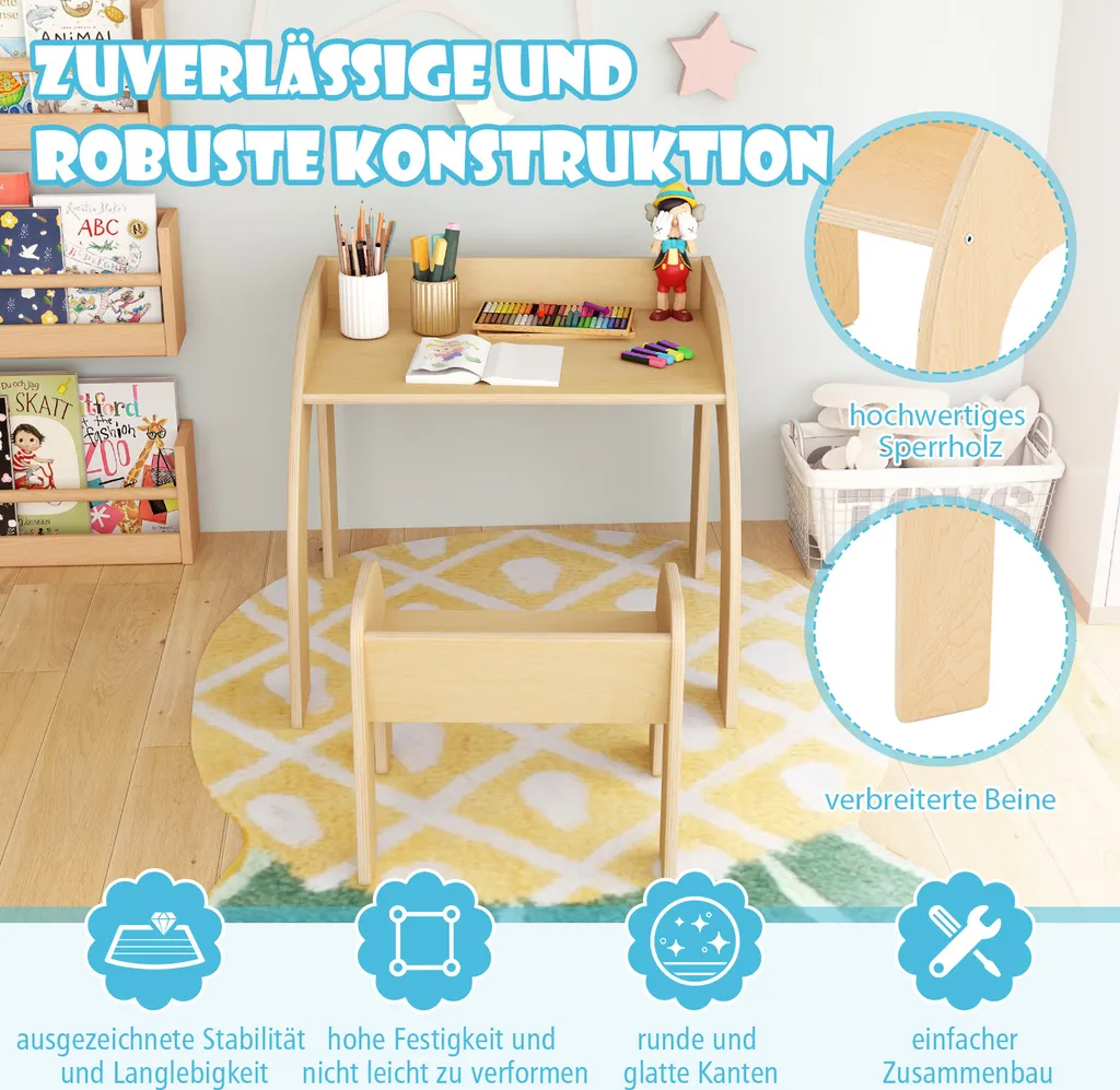 Table Enfant avec Bords Arrondis et Large Plateau en Bois Robuste Blanc - 8