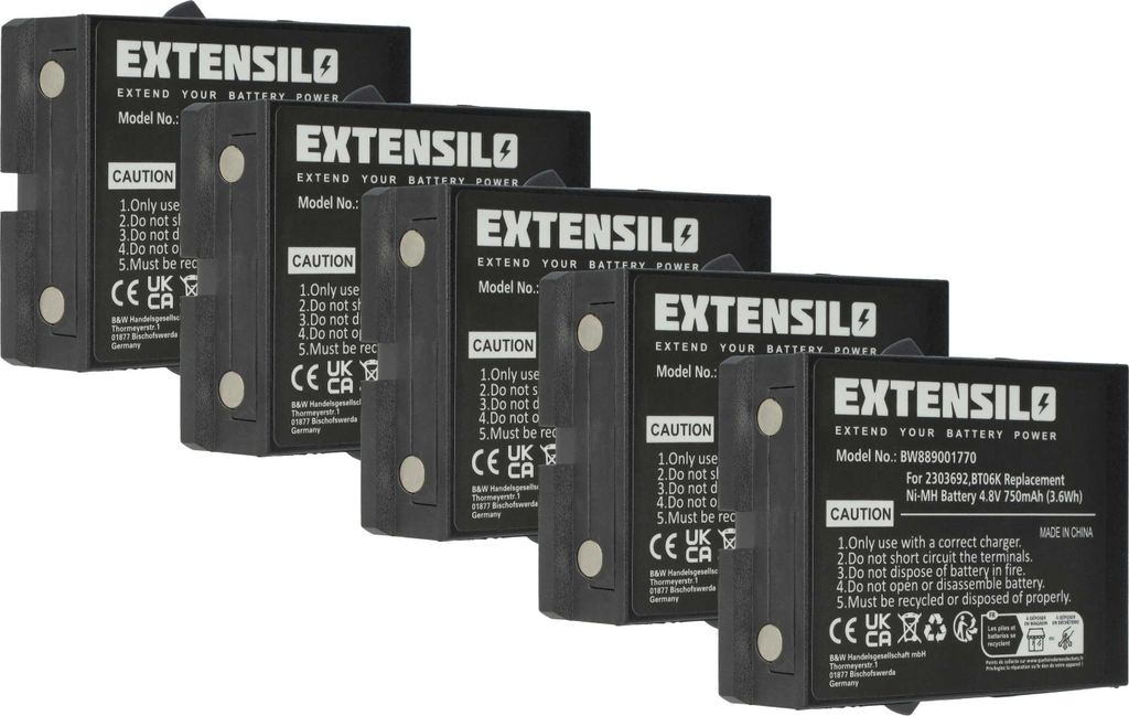 EXTENSILO 5x Akku Ersatz für Ikusi BT06K, 2303692 für Industrie-Funkfernsteuerung Fernbedienung (750 mAh, 4,8 V, NiMH)