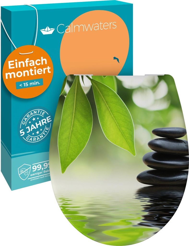 Calmwaters WC Sitz Motiv Wellness Oase einfache Montage, Toilettendeckel bis 250 kg, EU, antibakterieller Duroplast, Absenkautomatik, 2 Montage O...