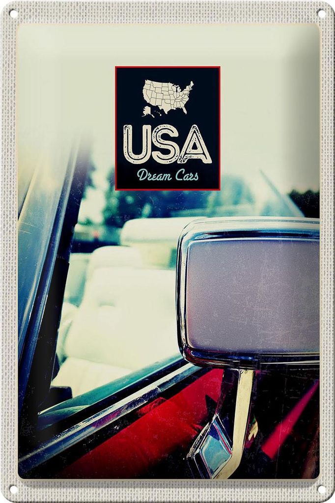 Blechschild Reise 20x30cm Amerika Fahrzeug Spiegel rot Gemälde