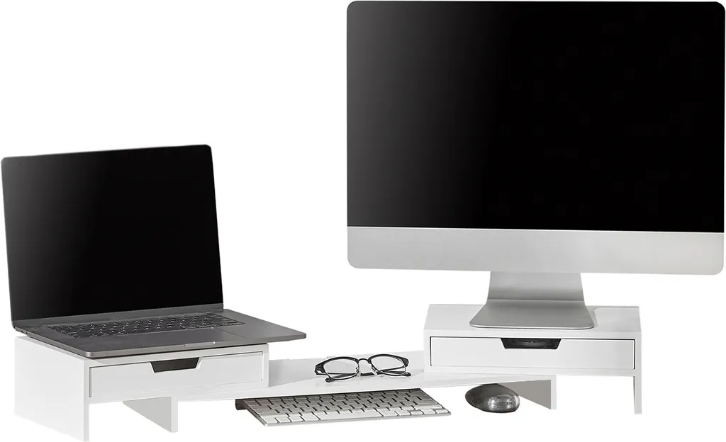 Support Écran Extensible Blanc avec 2 Tiroirs pour Bureau Ergonomique