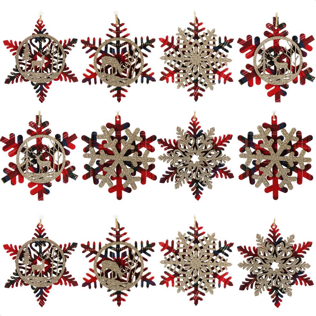 com-four 12x Tannenbaumschmuck Holz-Anhänger Set - Weihnachtsbaumschmuck zum Dekorieren - Christbaumschmuck im Schneeflockendesign