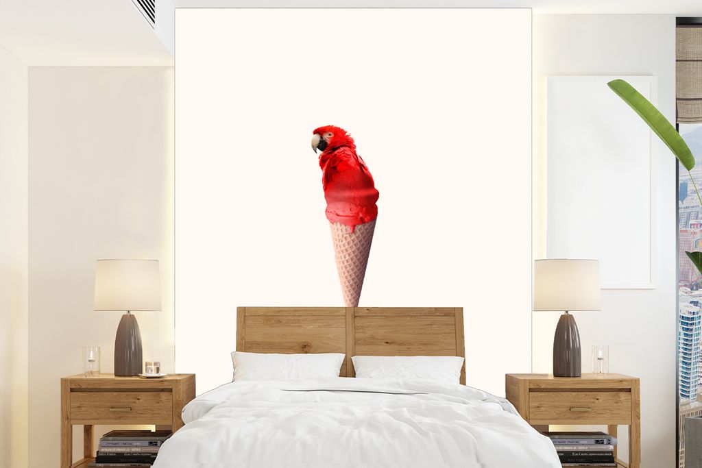 MuchoWow Fototapete für Wohnzimmer oder Schlafzimmer Wandtapete Vinyl Motivtapete Eiscreme - Papagei - Rot - Eistüten - Weiß - 205x280 cm - Wa...