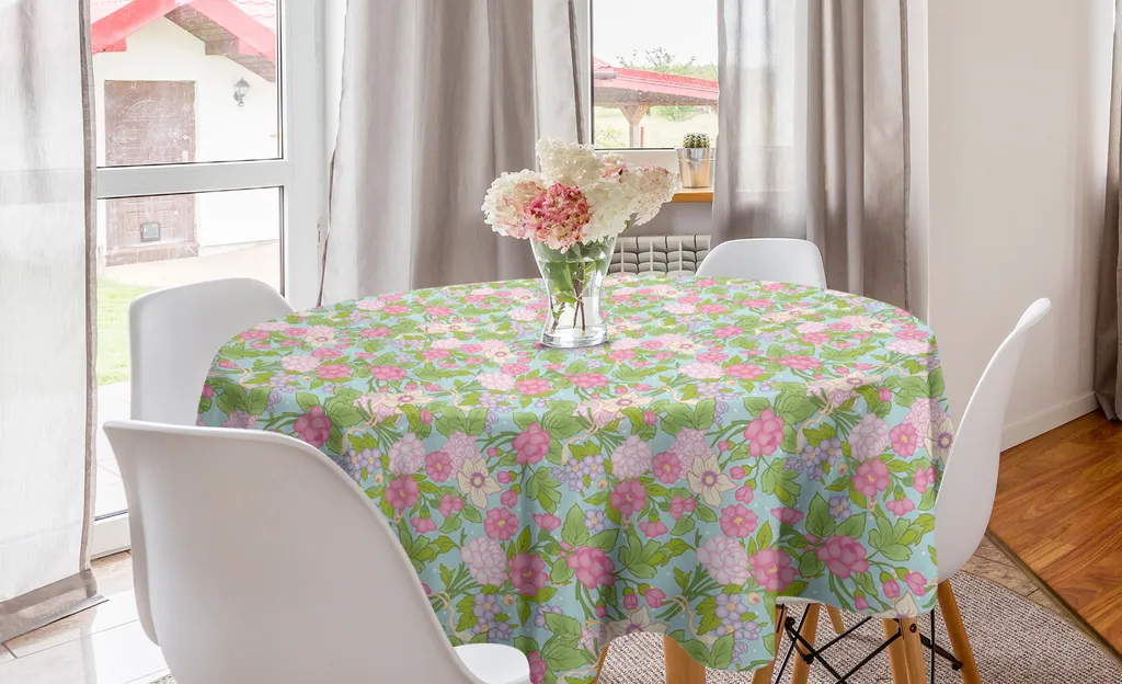 ABAKUHAUS Tovaglia rotonda con motivi floreali, fioritura primaverile, tovaglia circolare per sala da pranzo, decorazione per cucina, 150 cm, pistacchio lilla