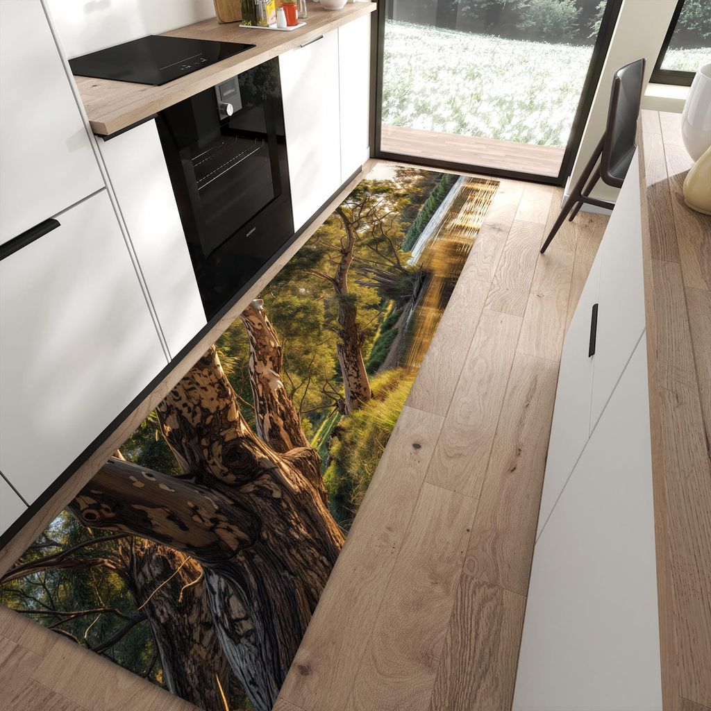 Küchenteppich 80x300cm rutschfest & abwischbar PVC Läufer - Baum am Flussufer