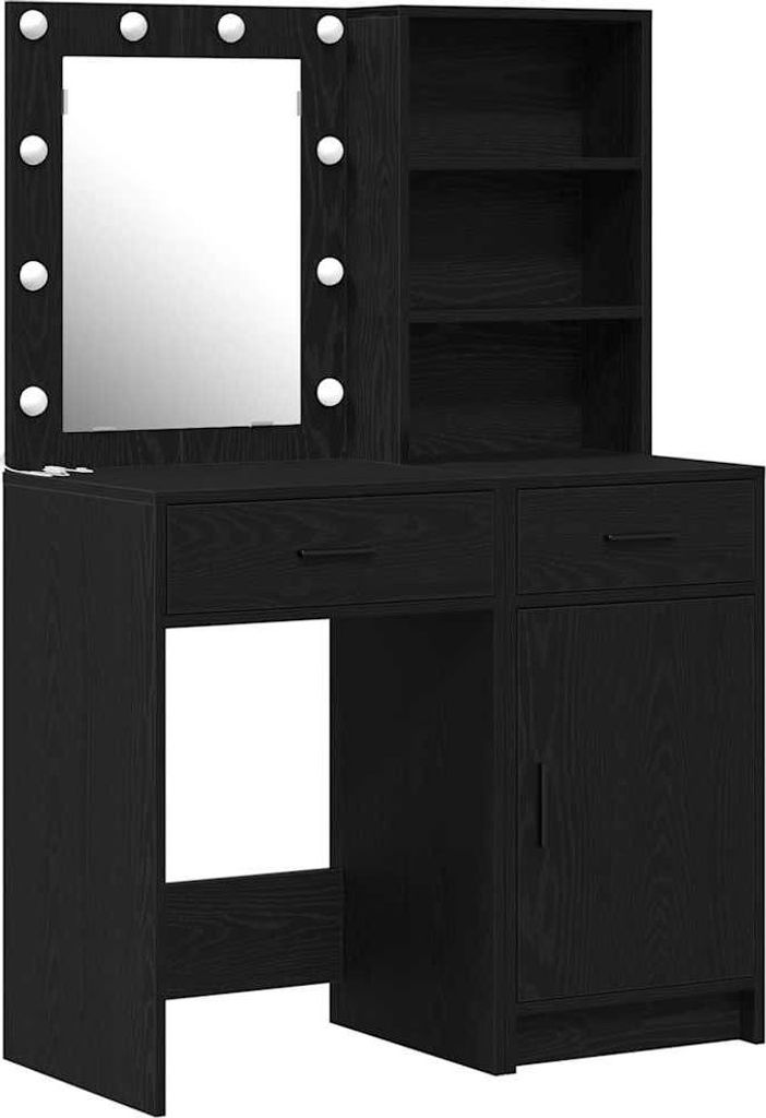 Schminktischset mit LED mit Regal 2 pcs Schwarz Eichen-Optik