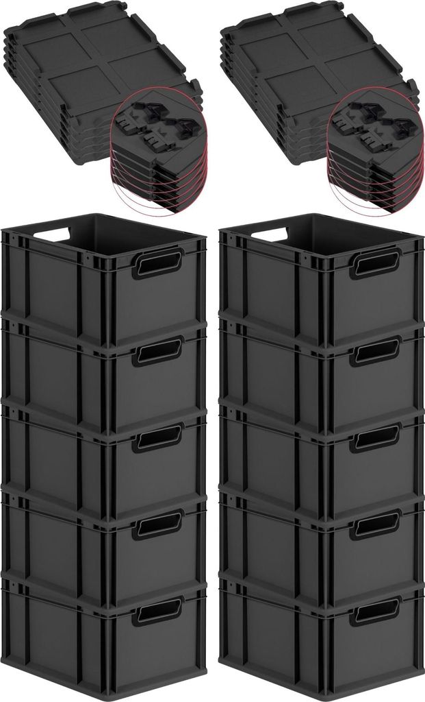 SuperSparSet 10x Eurobox NextGen Color mit Scharnierdeckel und Schiebeschnappverschlüssen | HxBxT 22x30x40cm | 20 Liter | Schwarz | Griffe schwarz...