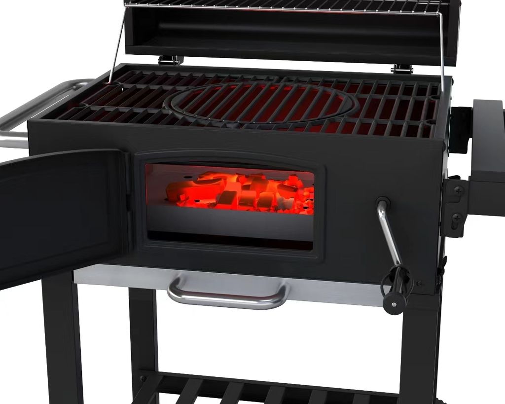 A close-up view of a black charcoal grill with the firebox door open, revealing glowing red coals.