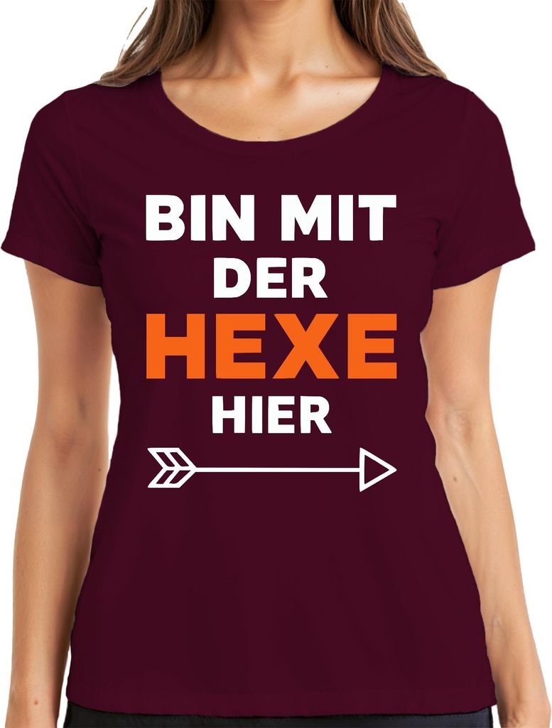 Bin mit der Hexe Halloween Pärchen Kostüm Geschenk Fasching Party Damen T-Shirt, Burgundy, XXL