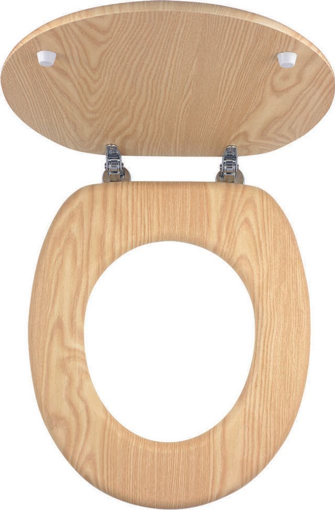 A wooden toilet seat and lid are shown from a top-down perspective, open and attached by metal hinges.