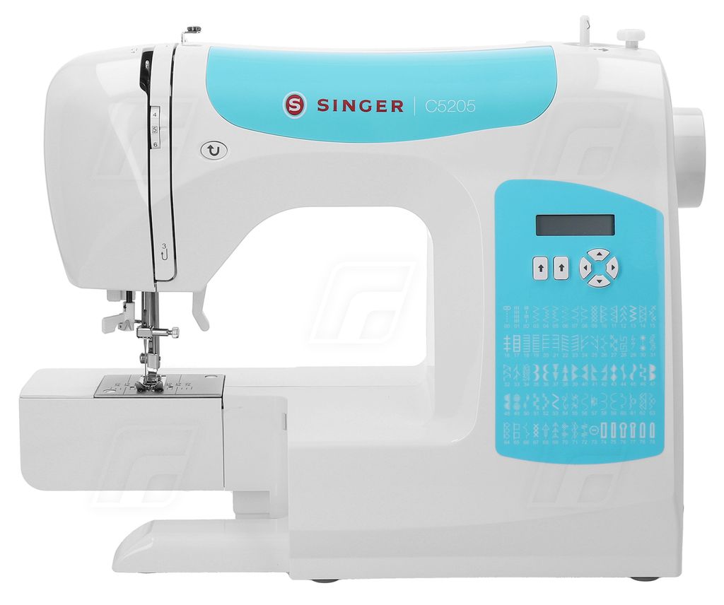 A white and blue Singer sewing machine is shown from a side-angle against a white background.
