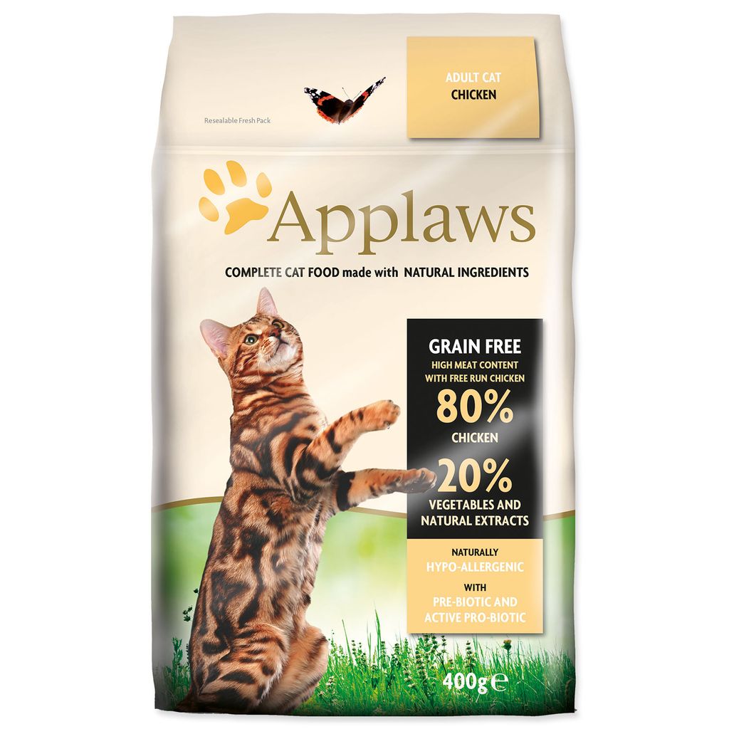 A bag of Applaws cat food with a cat illustration.