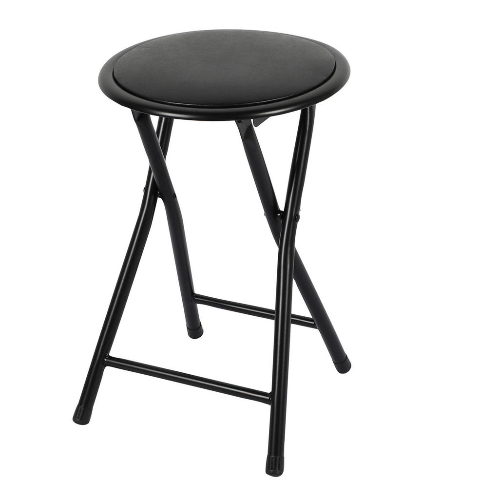 A black folding stool against a white background.