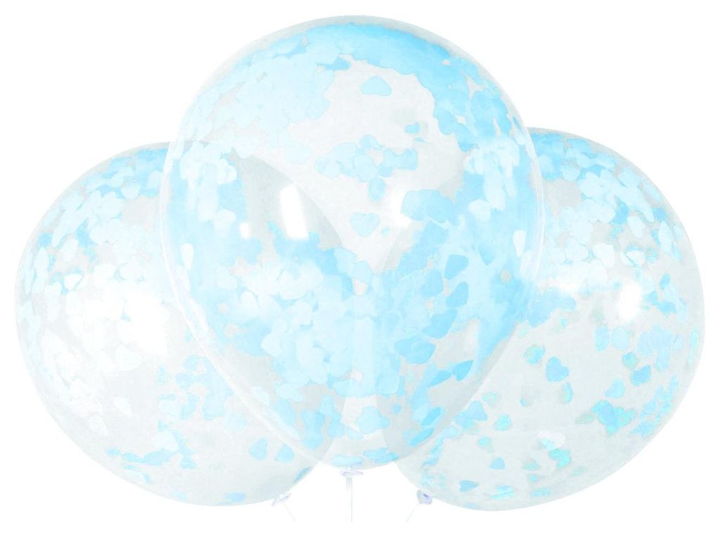 5 Transparente Latexballons mit blauen Herz-Konfetti 40 cm Babyparty Deko -