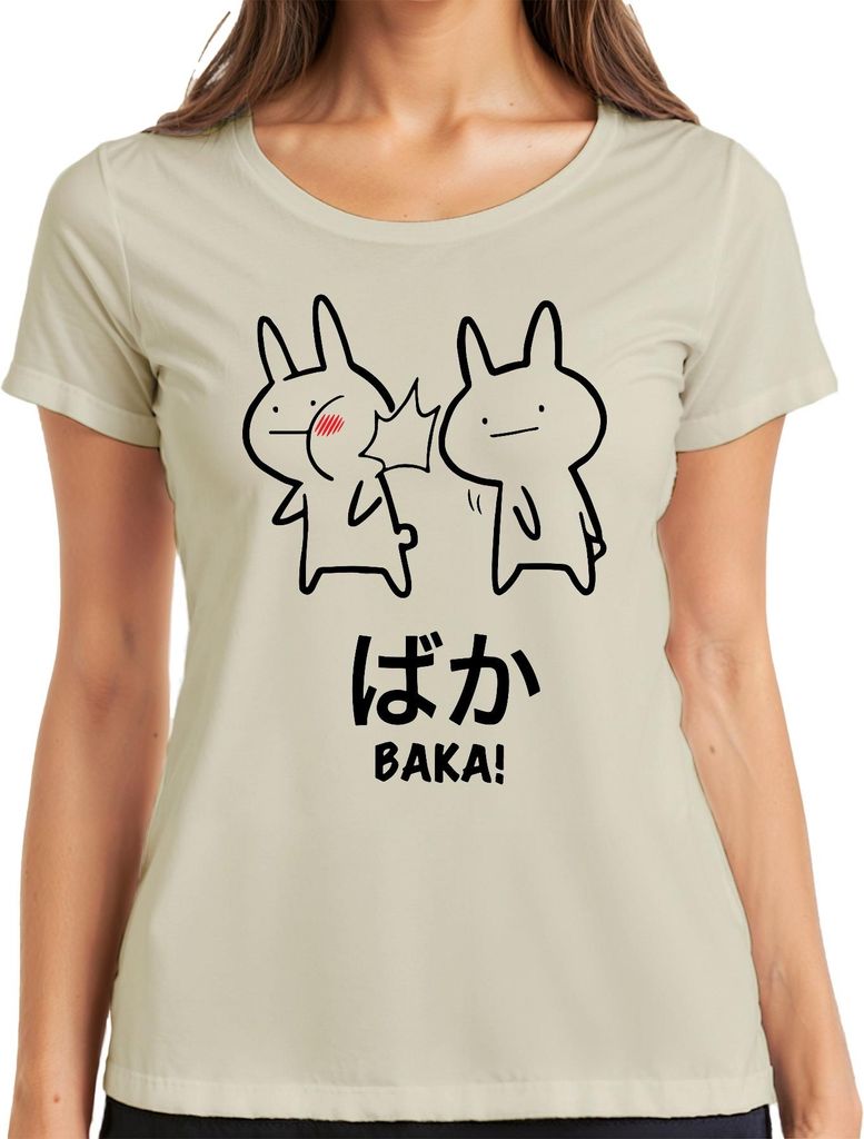 ばか BAKA! Anime Kawaii Hase Ohrfeige Otaku Manga Japan Chibi Cute Damen T-Shirt, Natur, XL