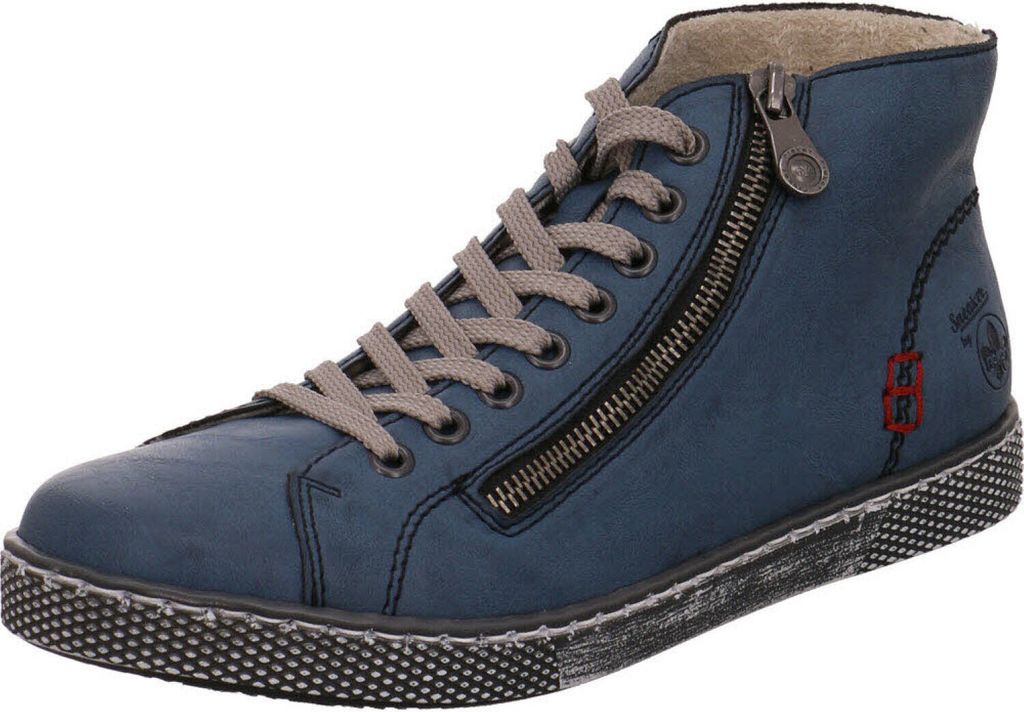 A single blue high-top sneaker with laces and a zipper.