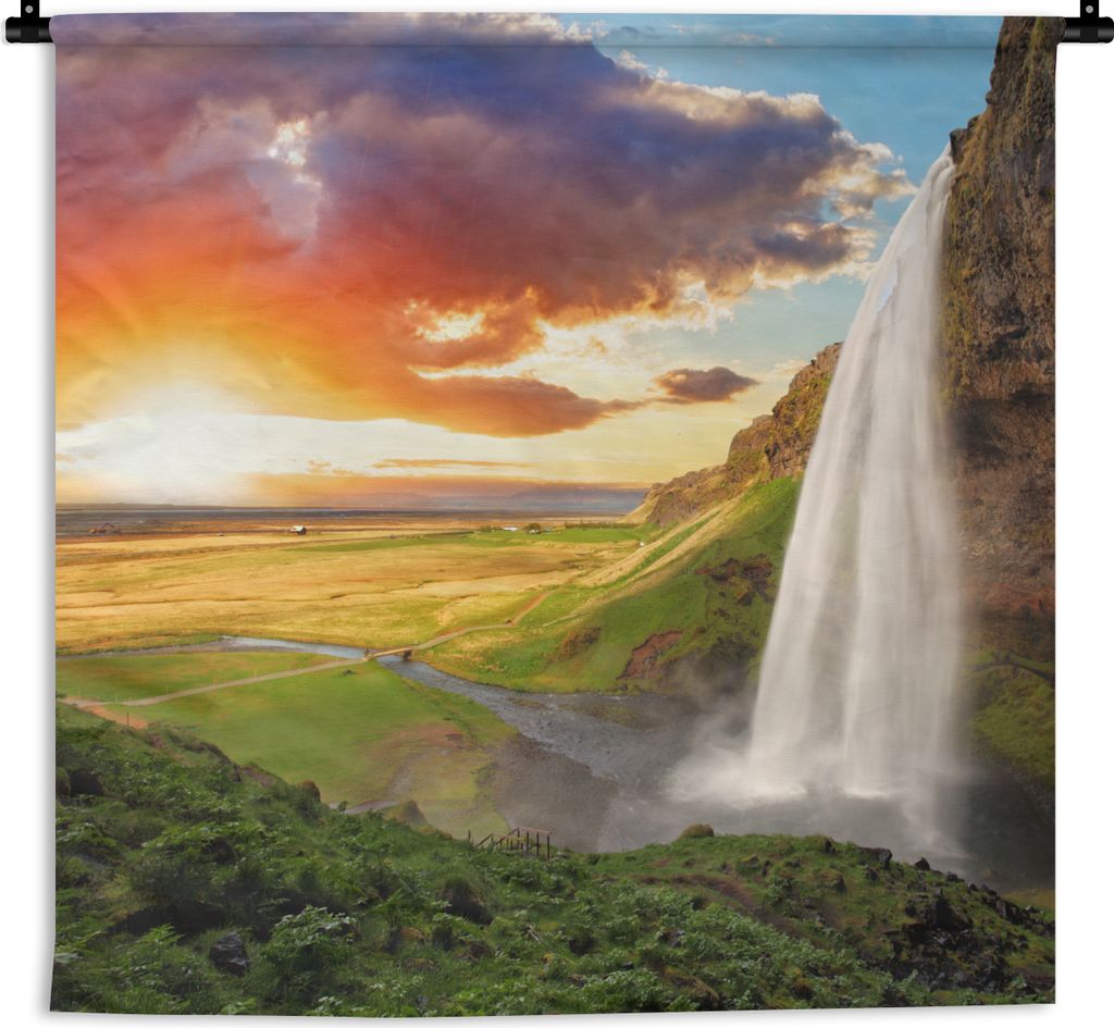MuchoWow Wandteppich Wandbehang Wasserfall - Felsen - Sonnenuntergang - Berge - Orange 90x90 cm Tapisserie Dekoration Wandtuch - Wandaufhänger