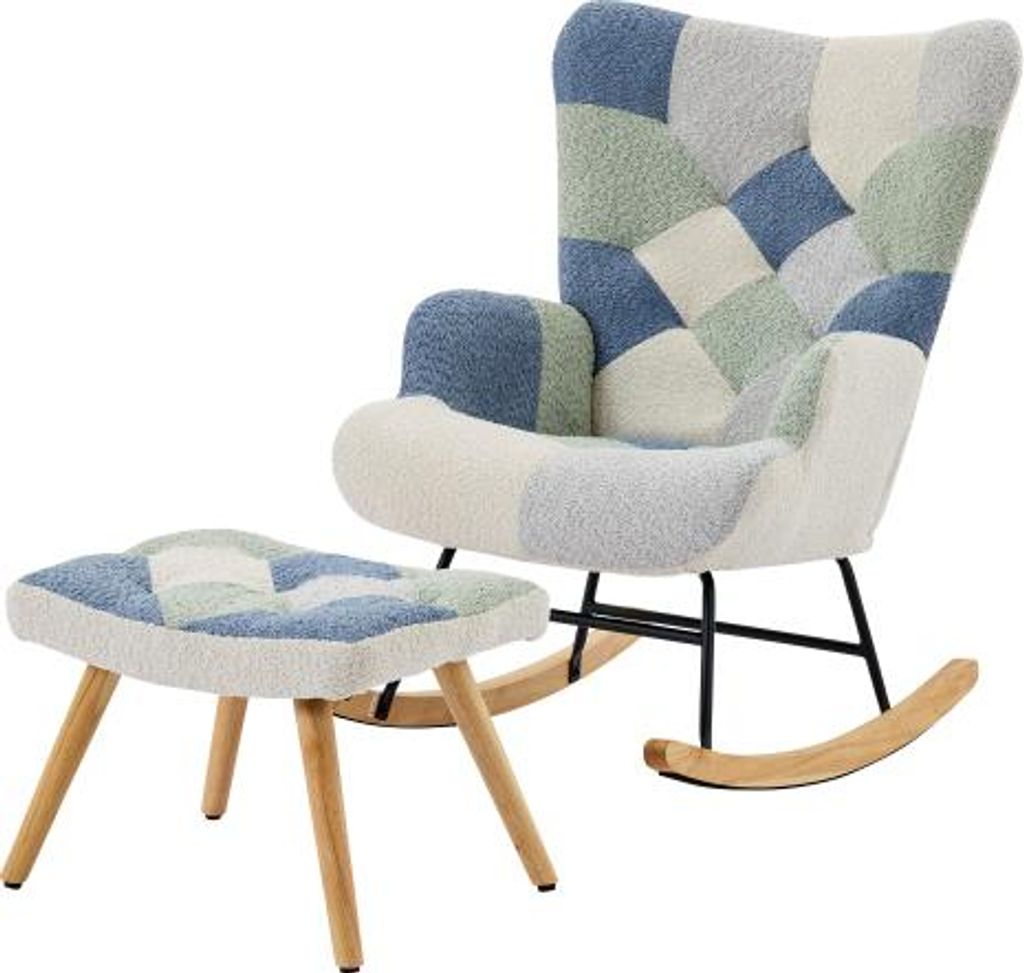 Schaukel-Relaxsessel Beige 122x68x91cm Blau Fusshocker Modern Patchwork Hahnentrittmuster Gepolstertes Schlafsofa Belastbarkeit Bis 110kg Wohnzimmer