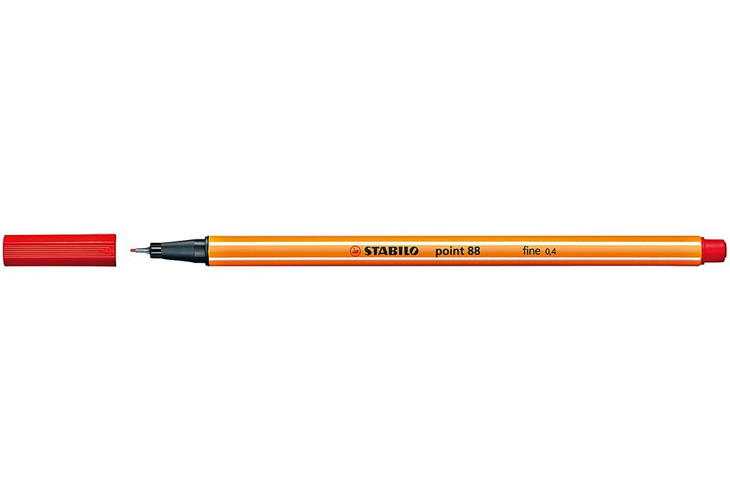 A single red Stabilo Point 88 pen with its cap off, lying on a white background.