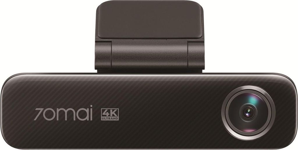 A front view of a black dashcam with a carbon fiber texture.