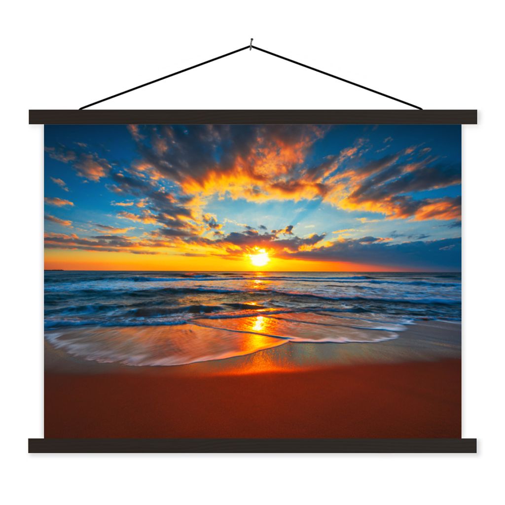 MuchoWow Textilposter Meer - Sonnenuntergang - Strand - Wolken - Orange 150x113 cm mit schwarzem Rahmen - Wohnzimmer