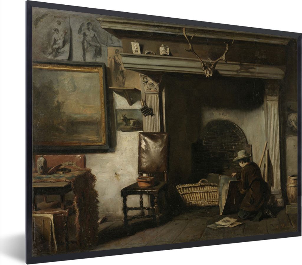 MuchoWow Gerahmtes Poster Das Atelier von Pieter Frederik van Os, einem Maler aus Haarlem - Gemälde von Anton Mauve 40x30 cm - Poster mit Schwar...