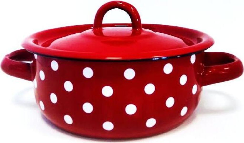 A red and white polka dot enamel pot with a lid and handles, isolated on a white background.