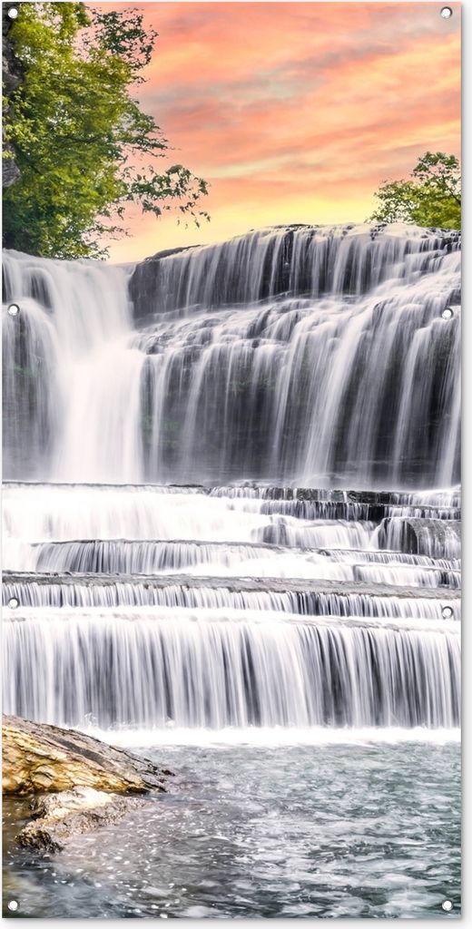 MuchoWow 80x160 cm Outdoor-Poster Gartendeko Sichtschutz Garten Poster für den Garten Wasserfall - Wasser - Steine - Pflanzen - Natur