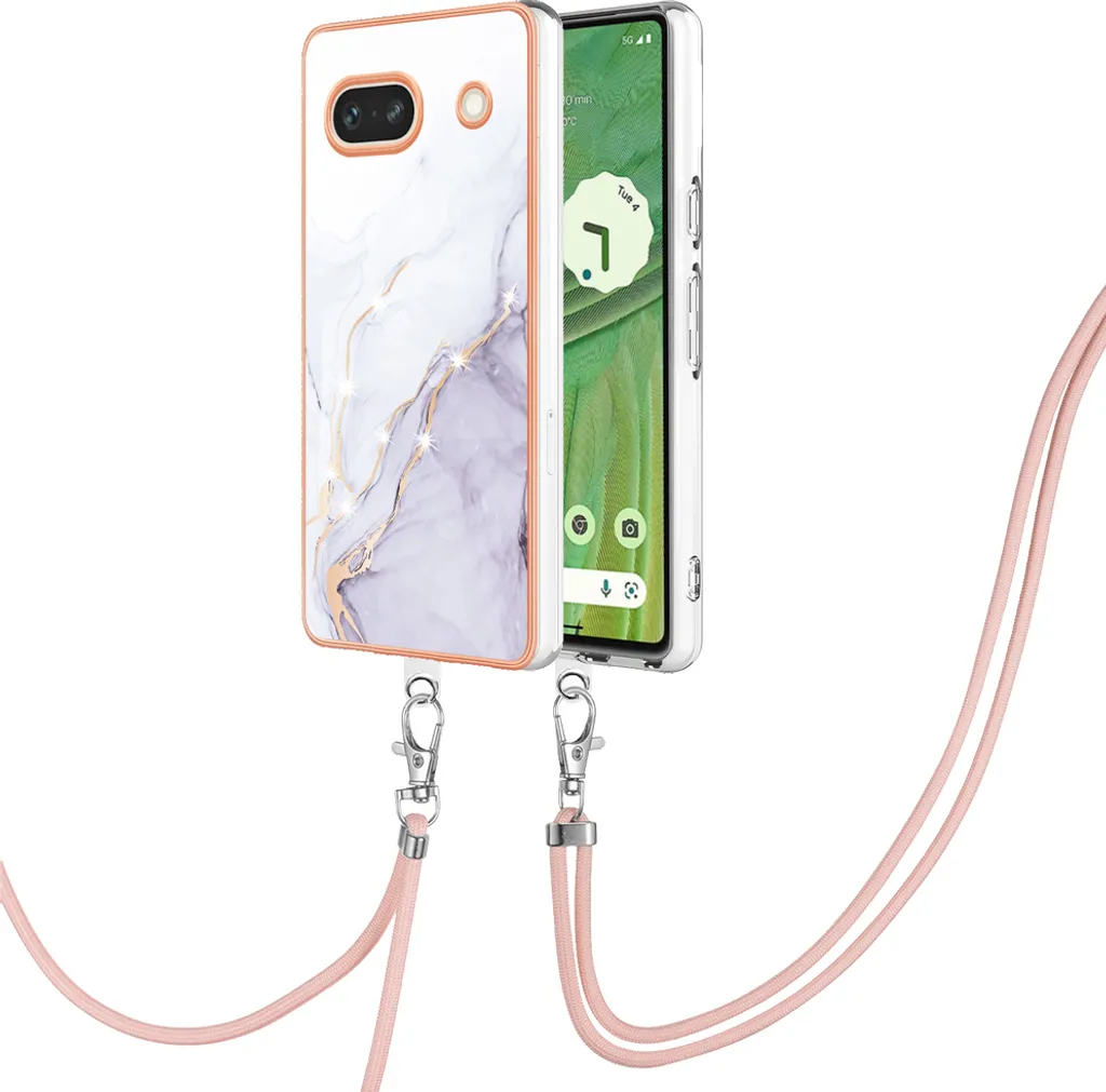 Custodia con cinturino per Google Pixel 7A, paraurti in TPU morbido, custodia protettiva, con cinturino regolabile Bianco