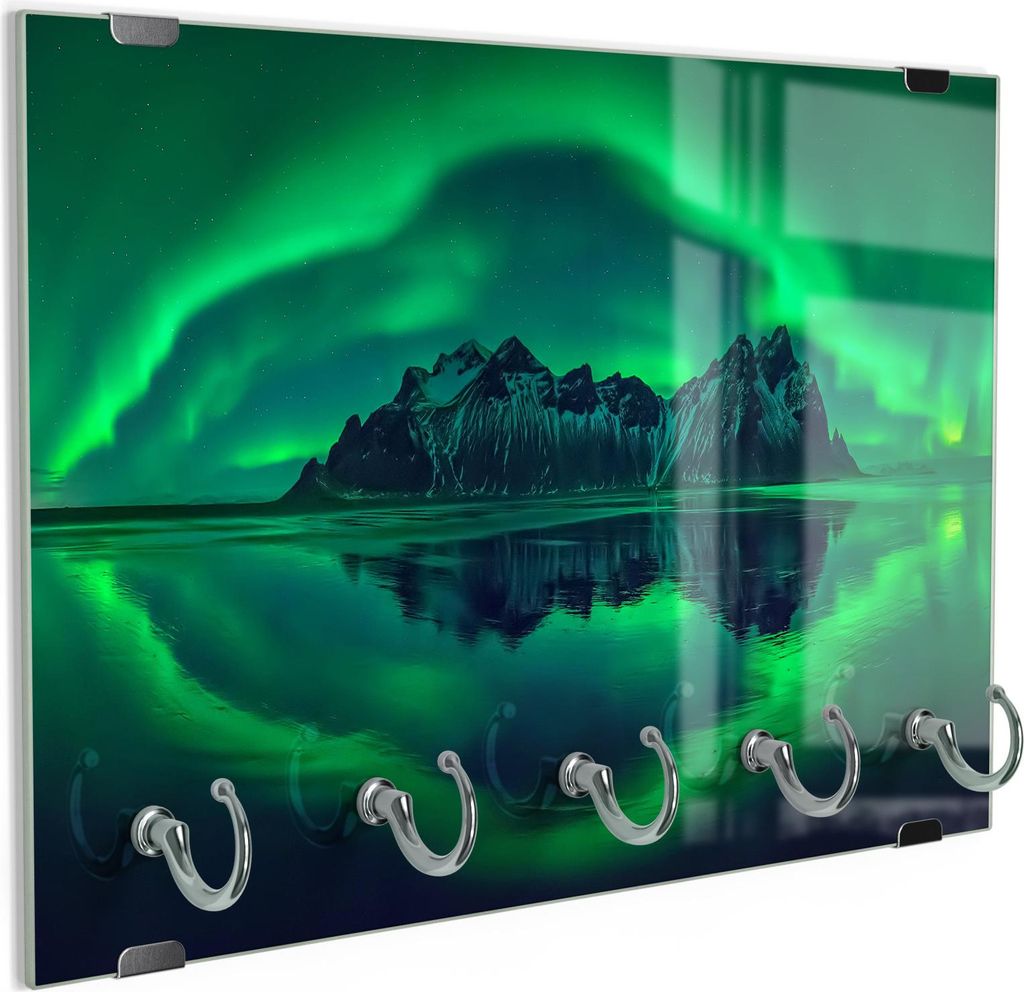 DEQORI Schlüsselbrett Glas 30x20 cm 'Vestrahorn im Polarlicht' Schlüssel Halter Haken