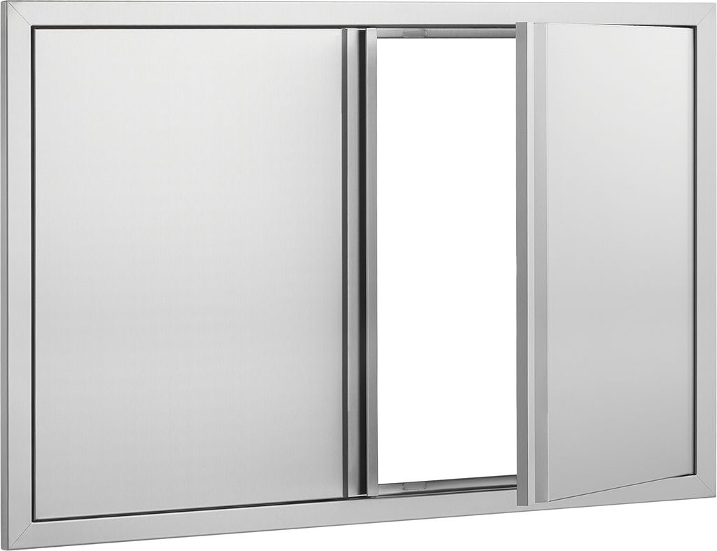 A stainless steel grill access door is shown, with one door slightly ajar.