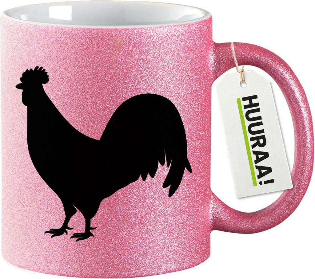 Huuraa Glitzertasse Hahn Silhouette 330ml Pink Keramik Kaffeebecher Geschenkidee