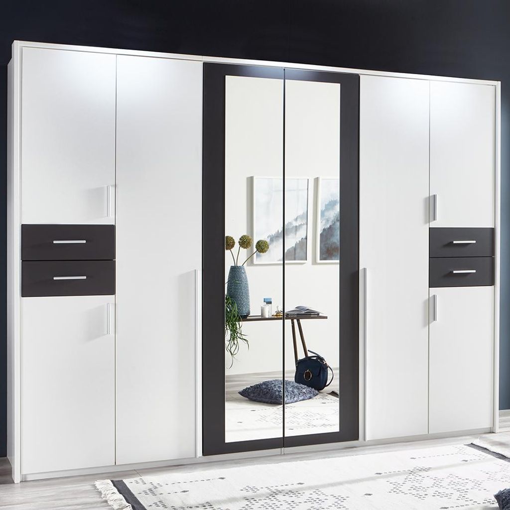 Schlafzimmer Kleiderschrank mit 273 cm Breite in weiß mit graphit, 8 Türen & 4 Schubladen, inkl. Passepartoutrahmen - VENLO-43