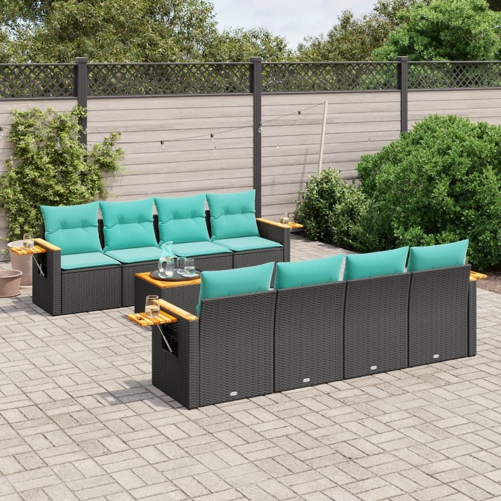 Möbel 9-tlg. Garten-Sofagarnitur mit Kissen Schwarz Poly Rattan - Gartenmöbelgarnituren 3226659