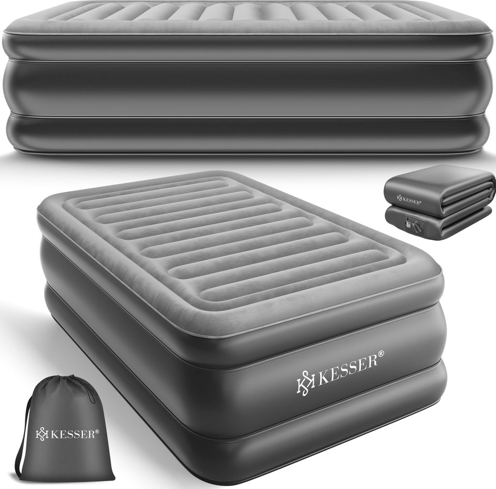 Multiple views of a gray inflatable mattress with a storage bag and a folded mattress.