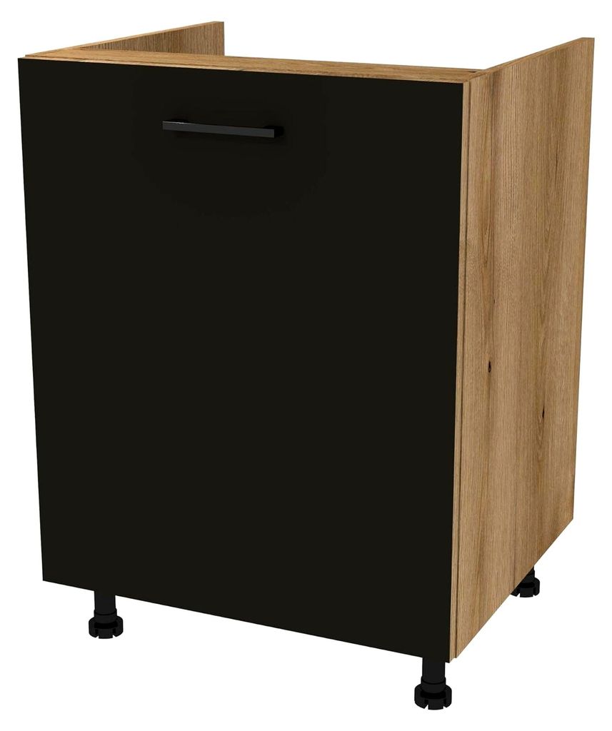Unterschrank 48,5x60x82 für Spülbecken der Capri Serie – Küchenschrank in Eiche Evoke Schwarz Matt, moderne Küchenmöbel mit Soft-Close-Schar...