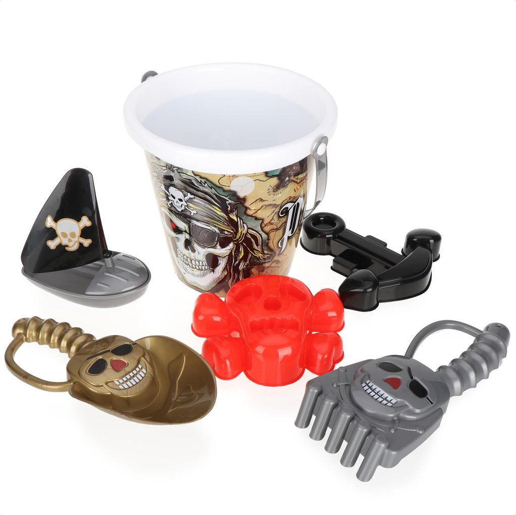 com-four 6-teiliges Strandspielzeug-Set im Piraten-Design - Eimer mit Henkel, Schippe, Harke, Formen und Schiffchen - Sandspielzeug für Strand, ...