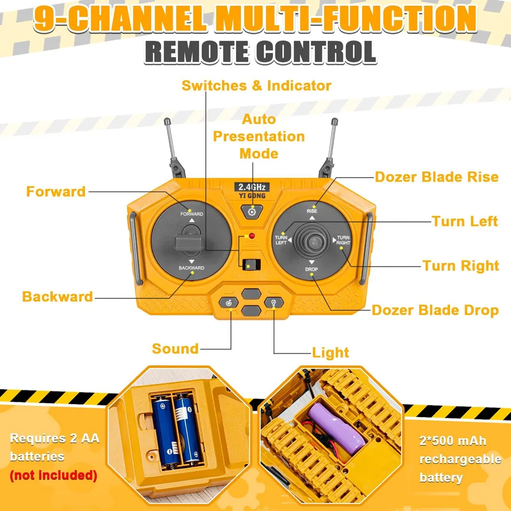 Bulldozer télécommandé métal engin de chantier sonore à 9 canaux complet - 7