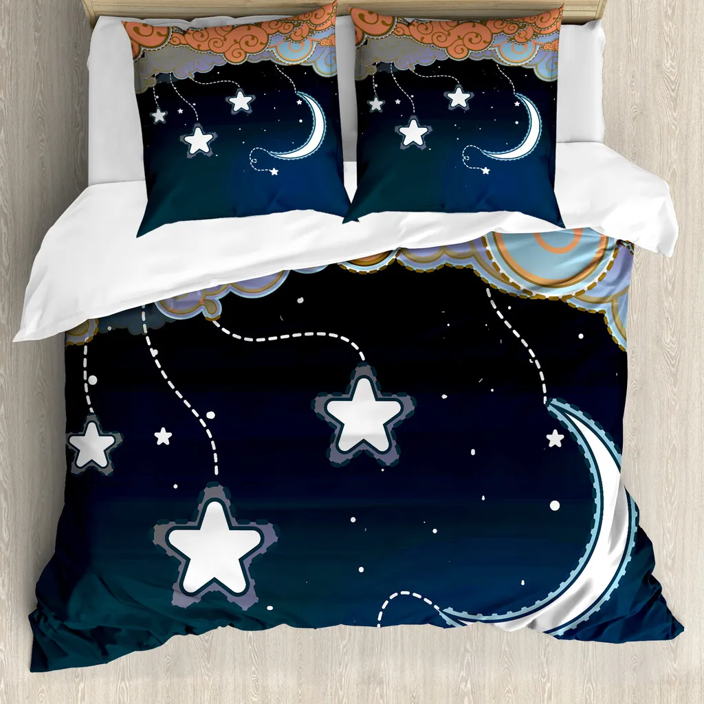 ABAKUHAUS Set copripiumino per letti matrimoniali, stile cartone animato cielo notturno, antiacaro, adatto a chi soffre di allergie, con federe, blu scuro salmone bianco