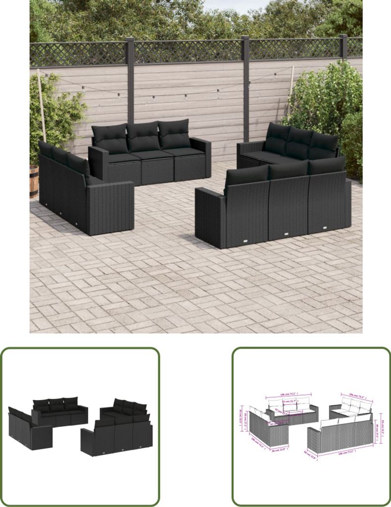 The Living Store 12-tlg. Garten-Sofagarnitur mit Kissen Schwarz Poly Rattan