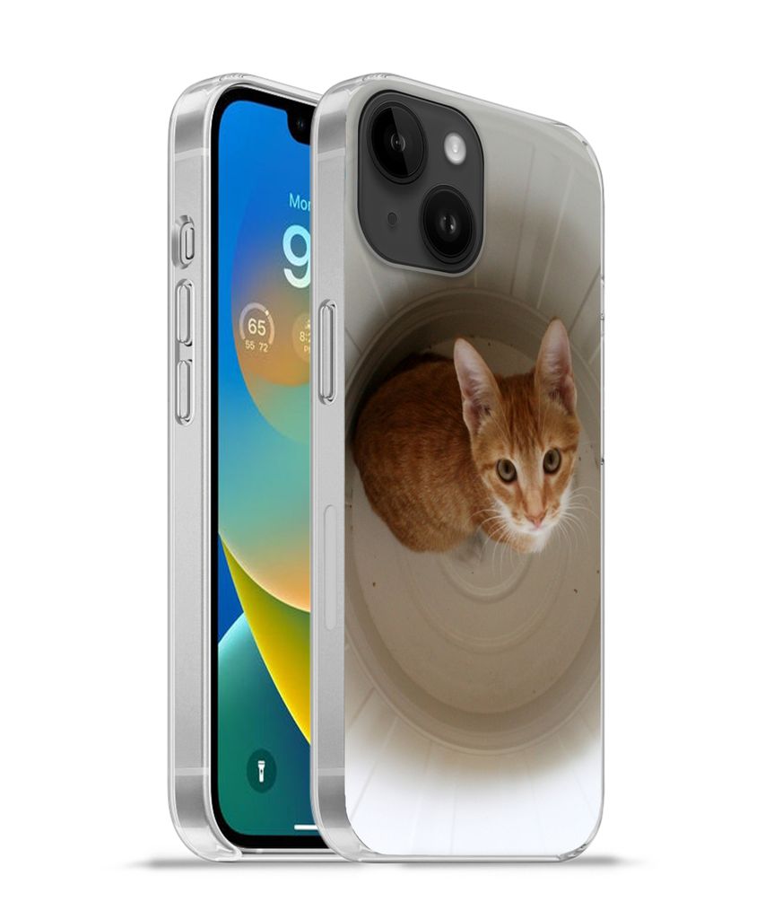 MuchoWow Handyhülle Schutzhülle Hülle für Apple iPhone 14 - Softcase Katze - Mülleimer - Weiß Silikon Softcase Handy Hülle - Mobiltelefonh...