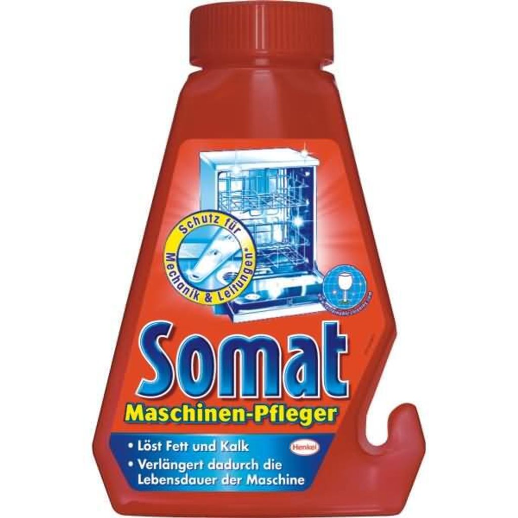 A red bottle of Somat dishwasher cleaner is shown against a white background.