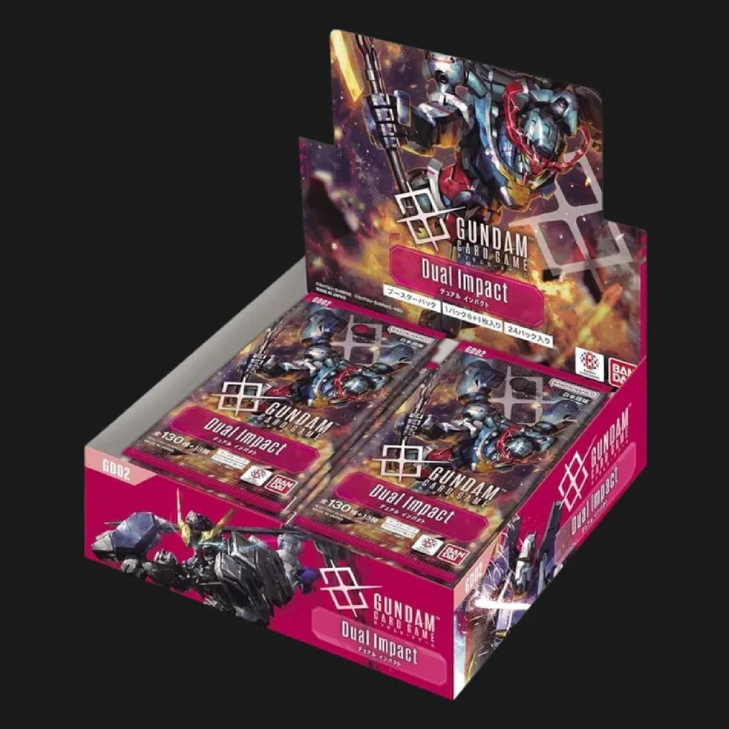 A display box of Gundam Dual Impact trading card game booster packs.