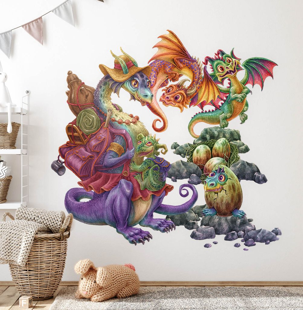 Drachenfamilie – Wandgestaltung – Wandbilder Kinder – Motivtapeten Set – Wanddekor Kinderzimmer – Selbstklebende Wandsticker – 100x122 cm