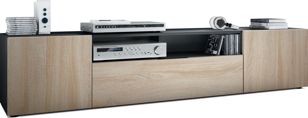 Vladon Lowboard Mogan, TV-Kommode mit 2 Türen, 1 Klappe und 1 offenes Fach, Schwarz matt/Eiche Sägegrau (181 x 39 x 35 cm)
