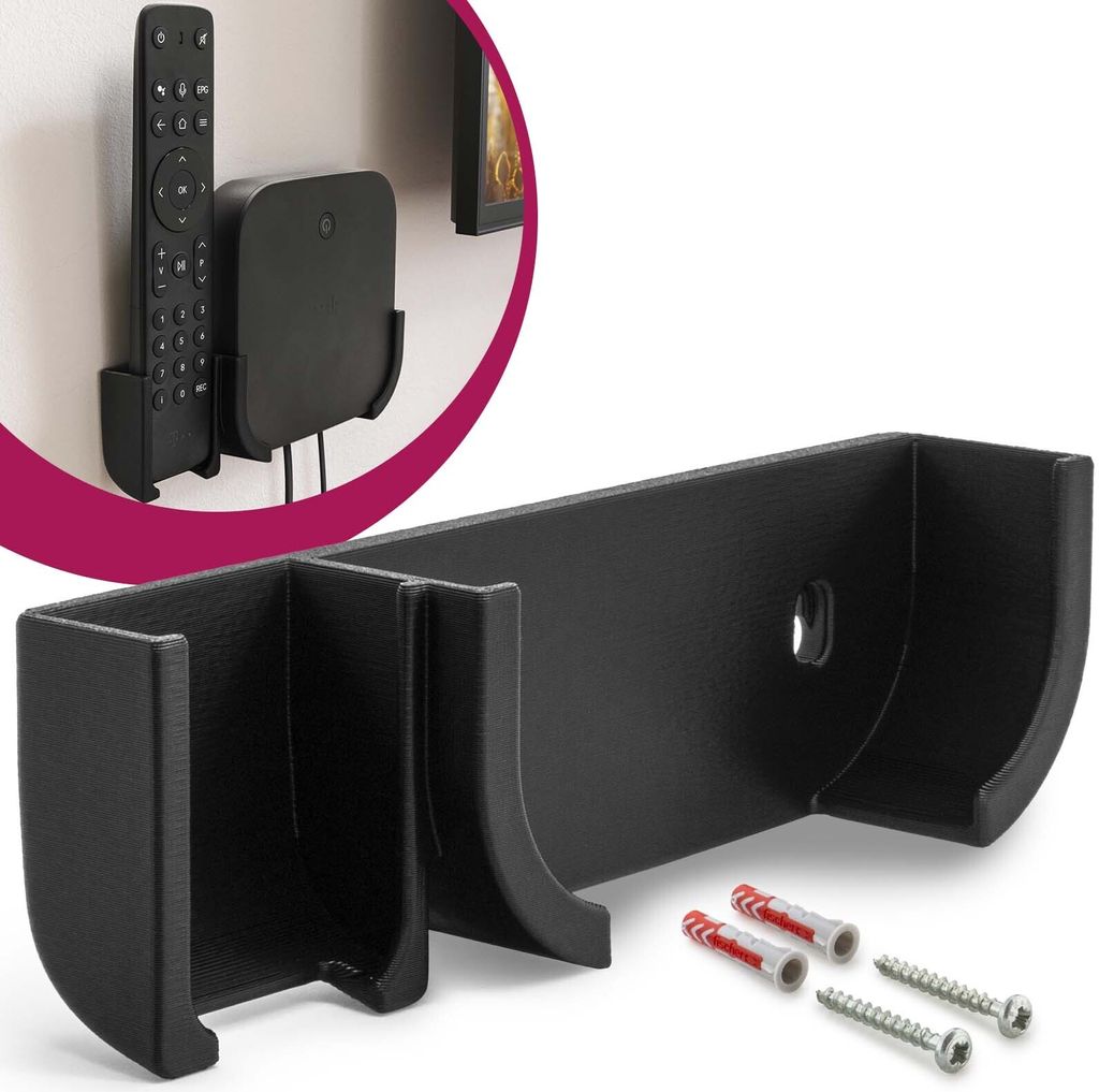 A black wall mount designed to hold a TV remote and a small media box, shown with screws and wall plugs.