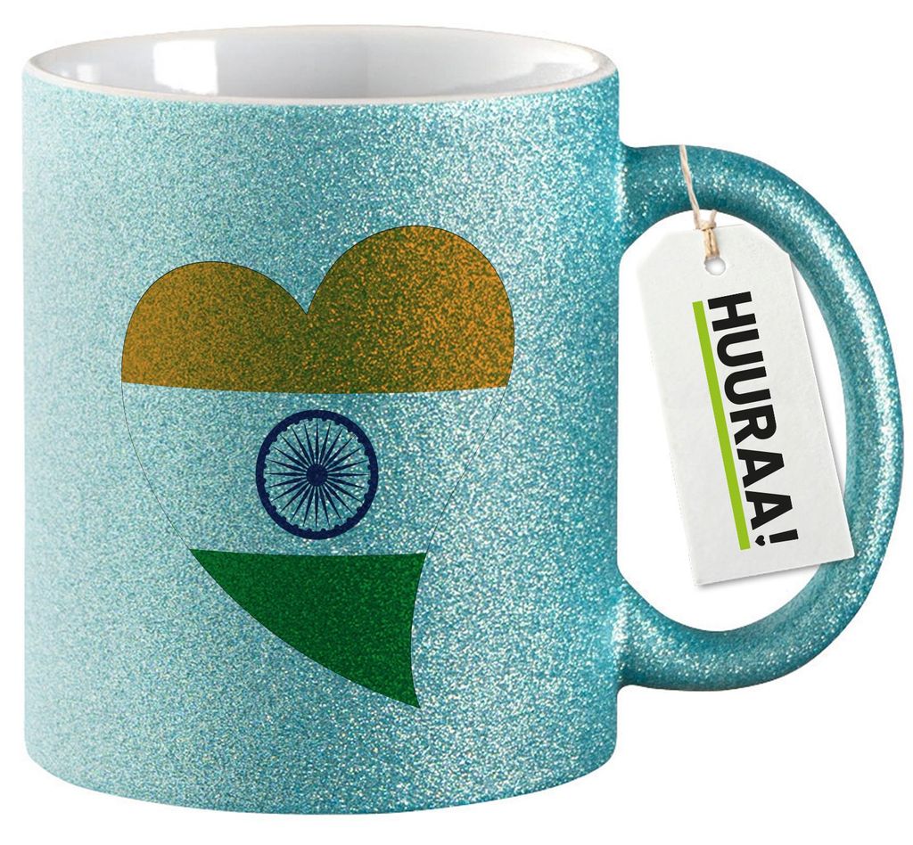 Huuraa Glitzertasse Indien Flagge Herz 330ml Blau Keramik Kaffeebecher Geschenkidee